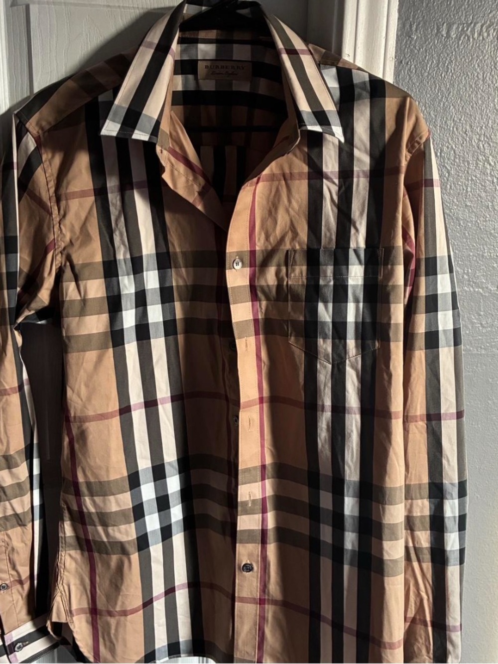 Burberry Tan and Black Plaid Long-Sleeve Button-Up Shirt